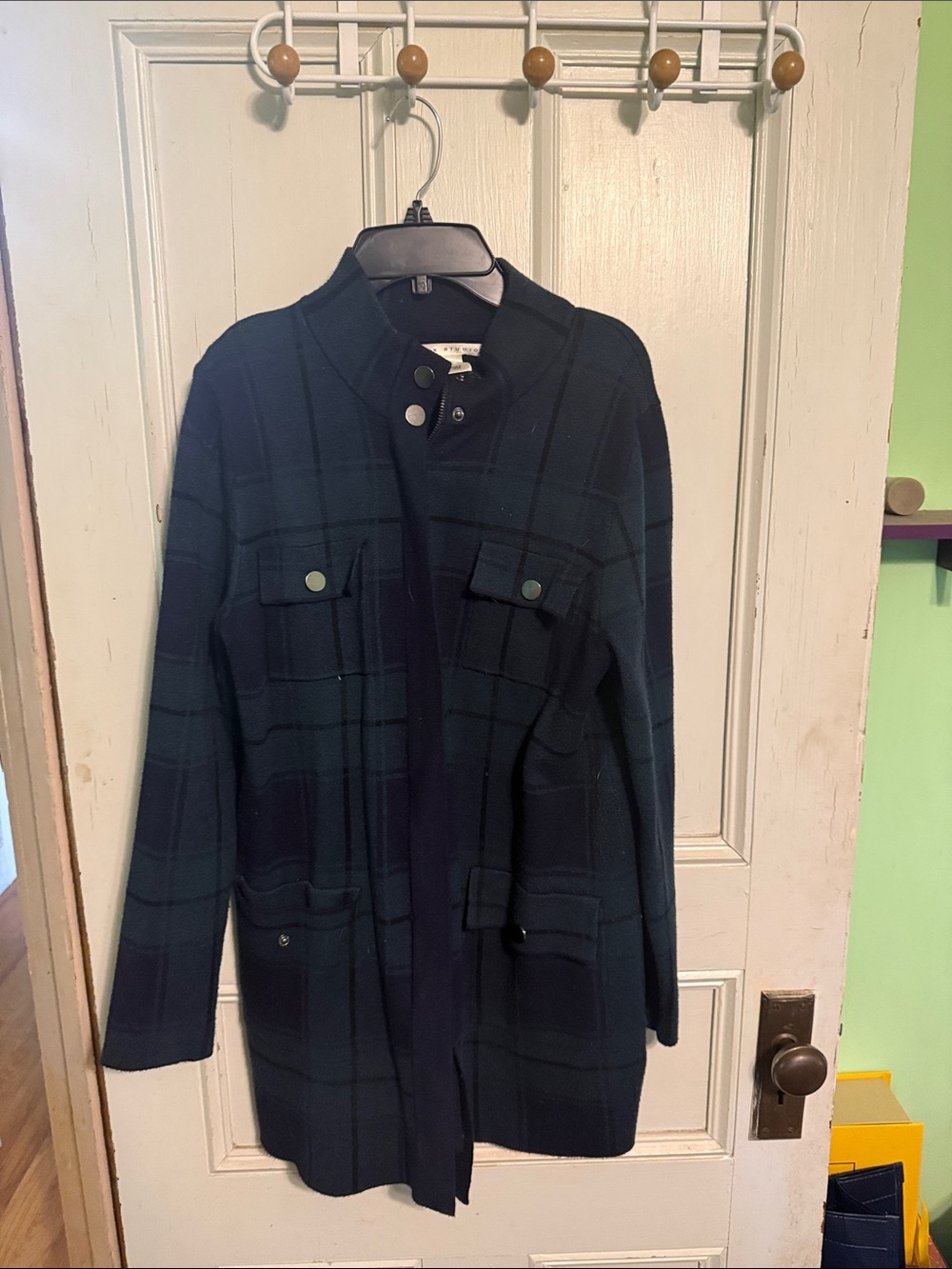 Max Studio Navy and Black Plaid Collarless Coat